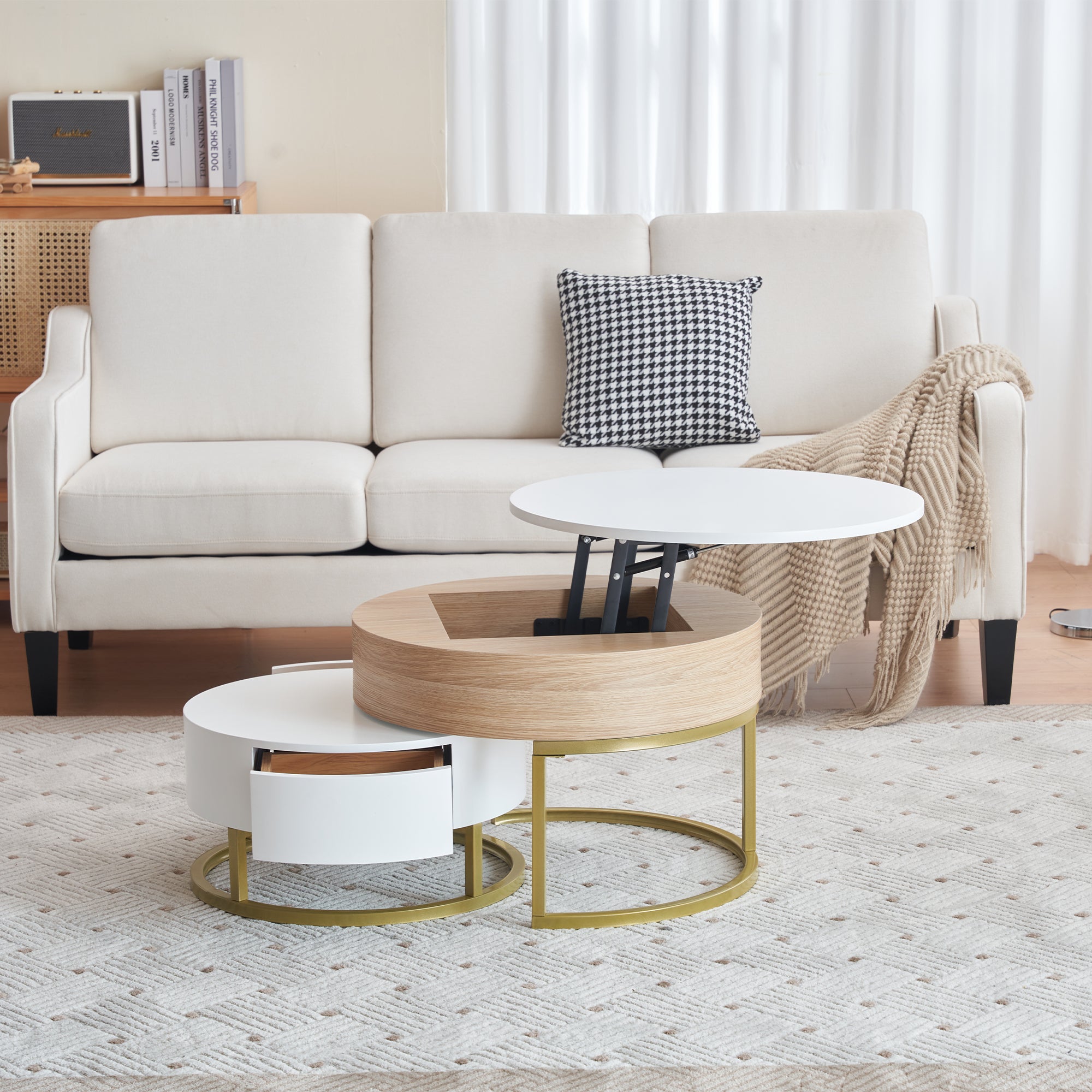 Set di tavolini giganti (70×70×42/56,5 cm, 60×60×27 cm) con piano sollevabile e 2 cassetti, in MDF, bianco e rovere - 6