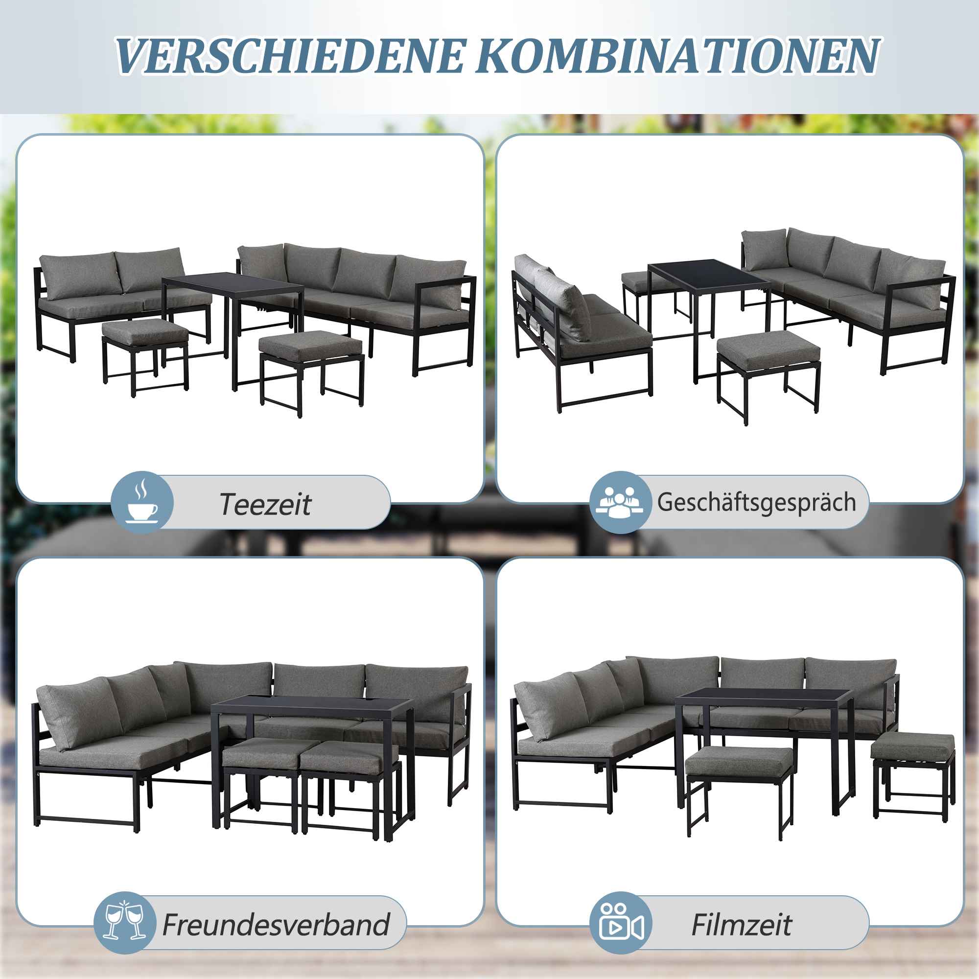Ensemble de Salon de Jardin, Canapé Extérieur en Aluminium avec Dossier Réglable, Ensemble de 4 Pièces avec Coussins pour Jardin, Balcon ou Patio - 6