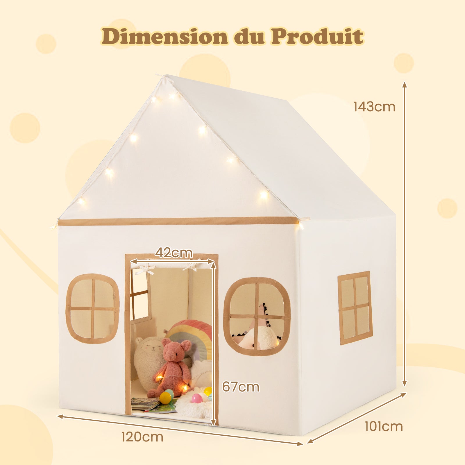 Tente de Jeux Enfant avec 4 Fenêtres et Guirlandes Lumineuses Étoiles, Cabane Enfant Interieure avec Tapis Antidérapant, pour 3-10 Ans, Gris + Beige - 9