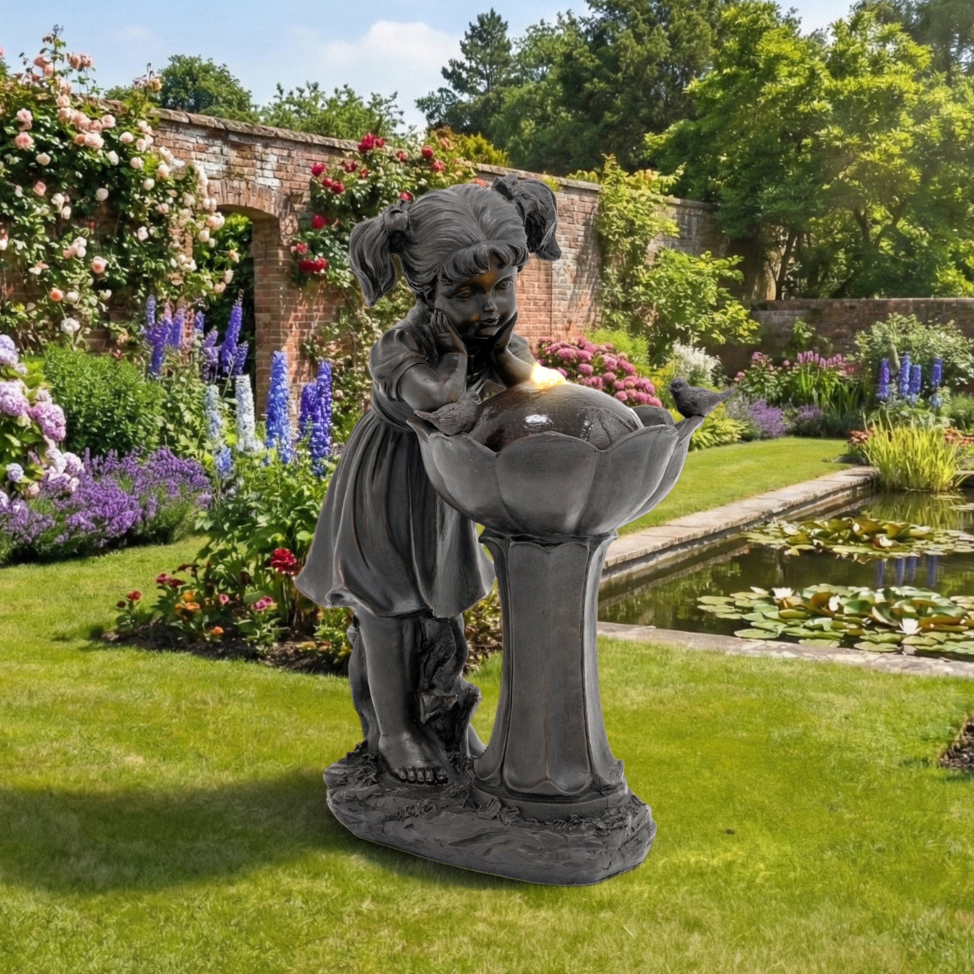 Fontanna ogrodowa z żywicy z oświetleniem LED - 30 x 42 x 65,5 cm - pompa 5W - Projekt figurki z wodospadem - Brąz