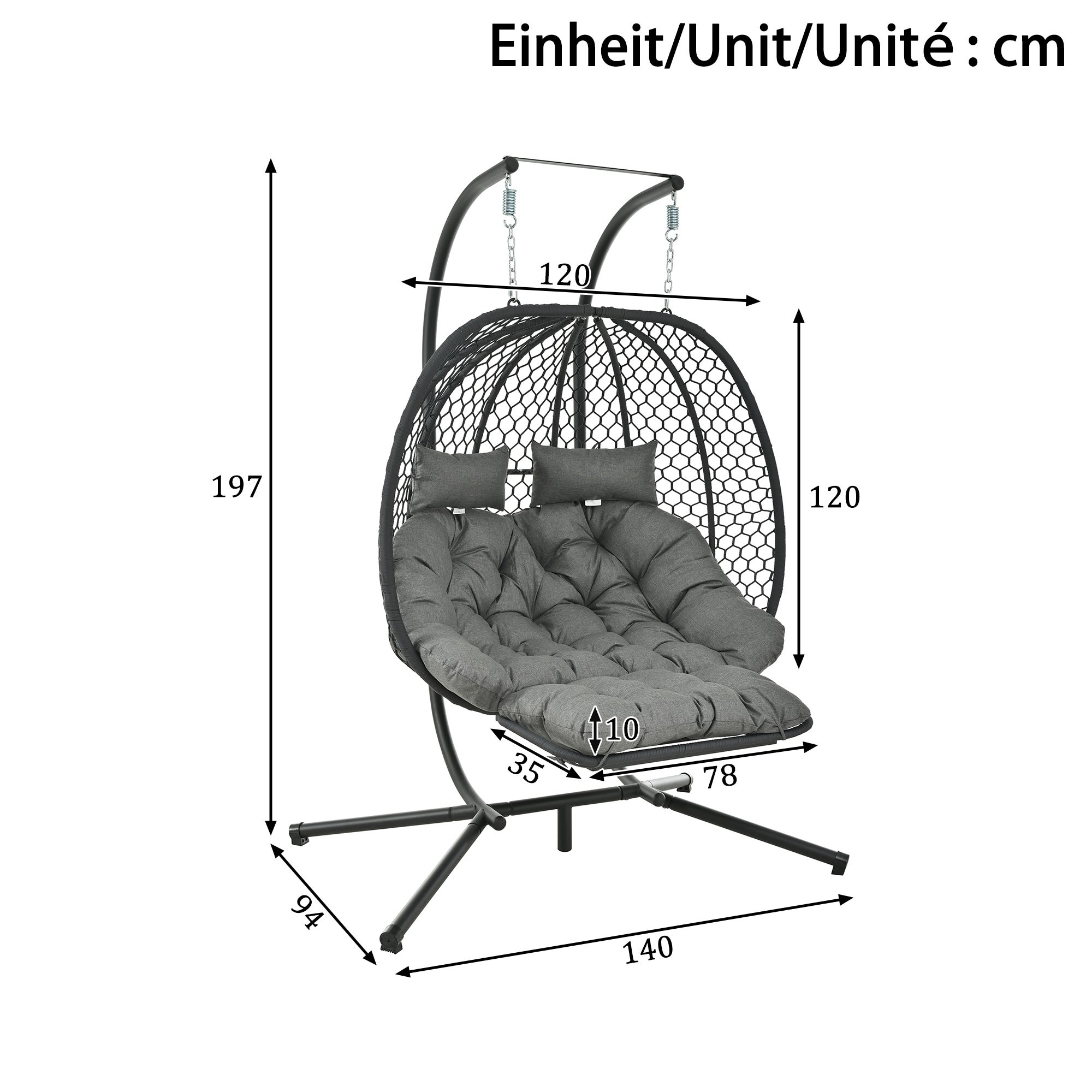 Fauteuil suspendu œuf avec pied, balancelle hamac extérieur avec repose-pieds et coussins, fauteuil à bascule double,structure acier, gris - 5