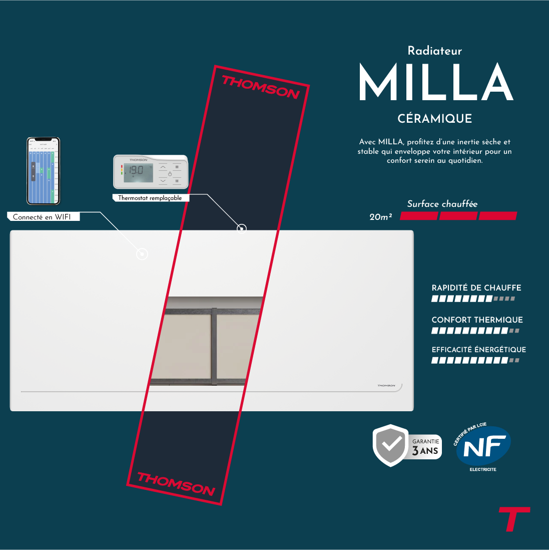 Radiateur électrique fixe connecté WiFi à inertie sèche céramique avec thermostat interchangeable 1500W THOMSON MILLA horizontal blanc - 2