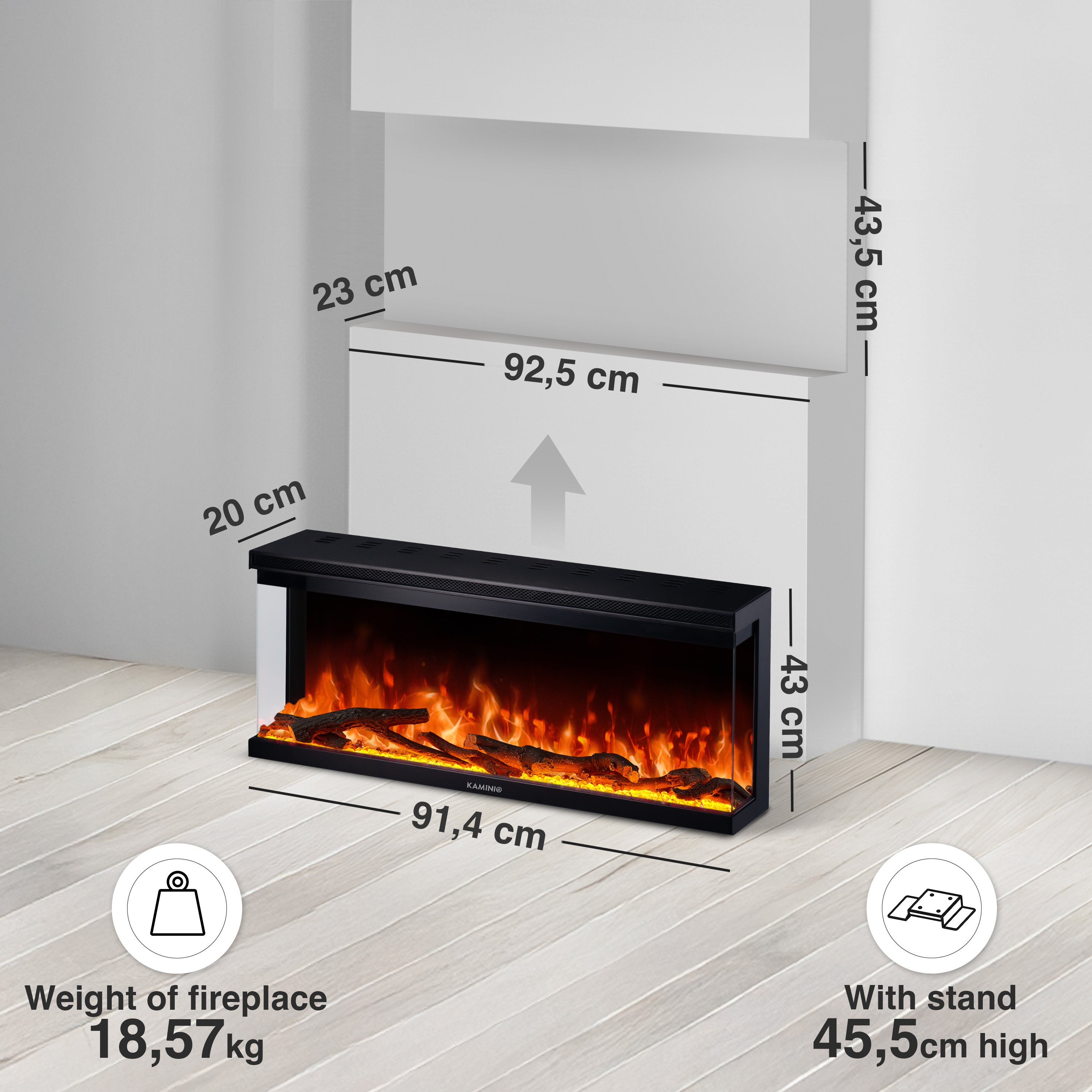 KAMINIO Chimenea eléctrica LEA - Chimenea 3en1 con vista panorámica, calefacción, llama 3D, 12 colores de llamas, mando a distancia - 36 pulgadas - 6