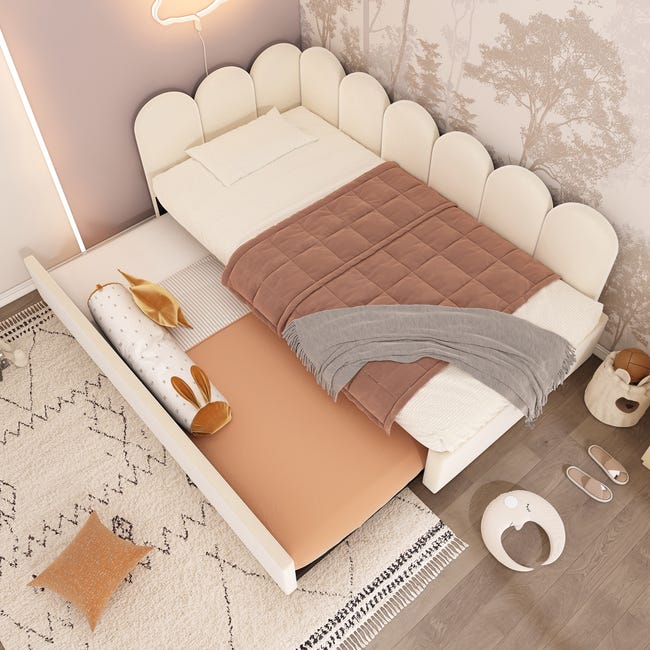 Cama nido 90x200 cm + 90x190 cm con cabecero y respaldo, sofá cama - Terciopelo - Somier de láminas metálicas - Beige (sin colchón) | Leroy Merlin
