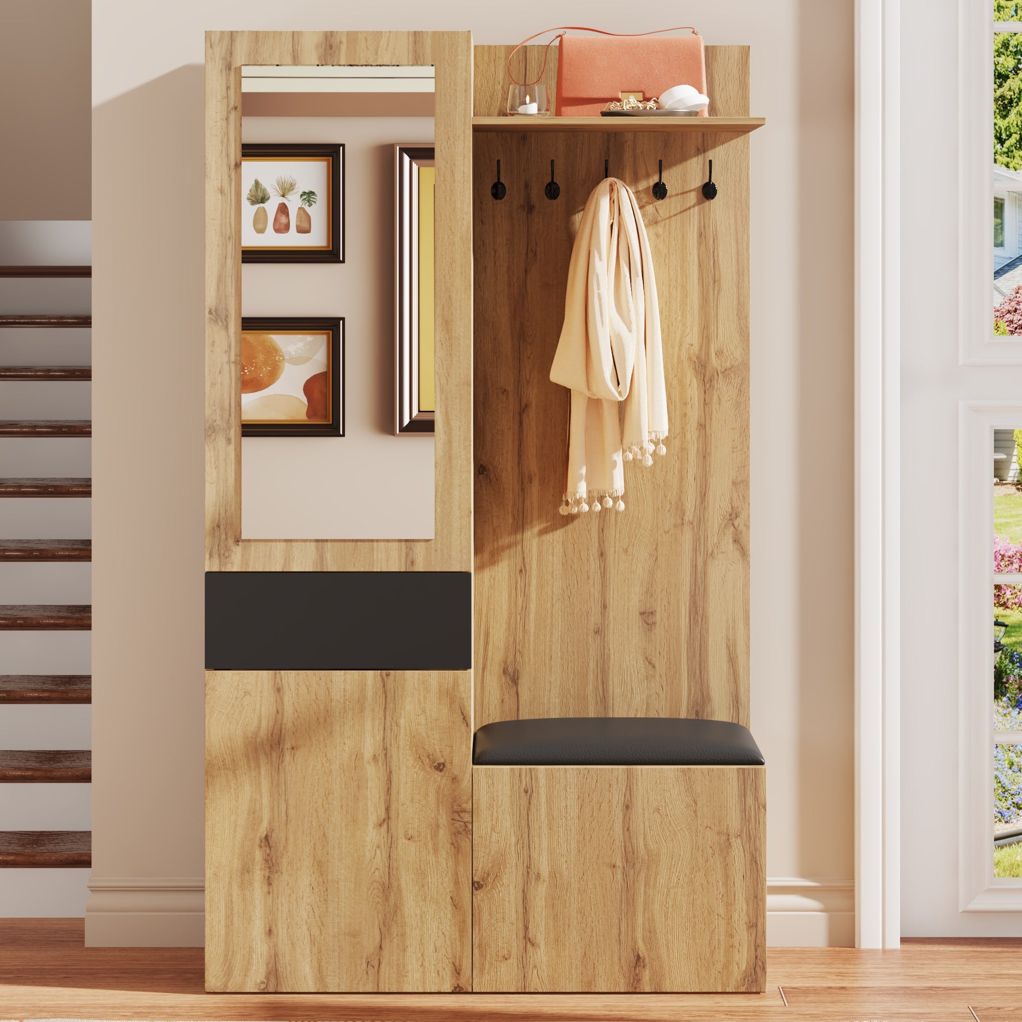 Ensemble de garde-robe avec 5 patères, miroir, meuble à chaussures, armoire intégrée avec étagères supérieures, tiroirs, compartiments de rangement - 9