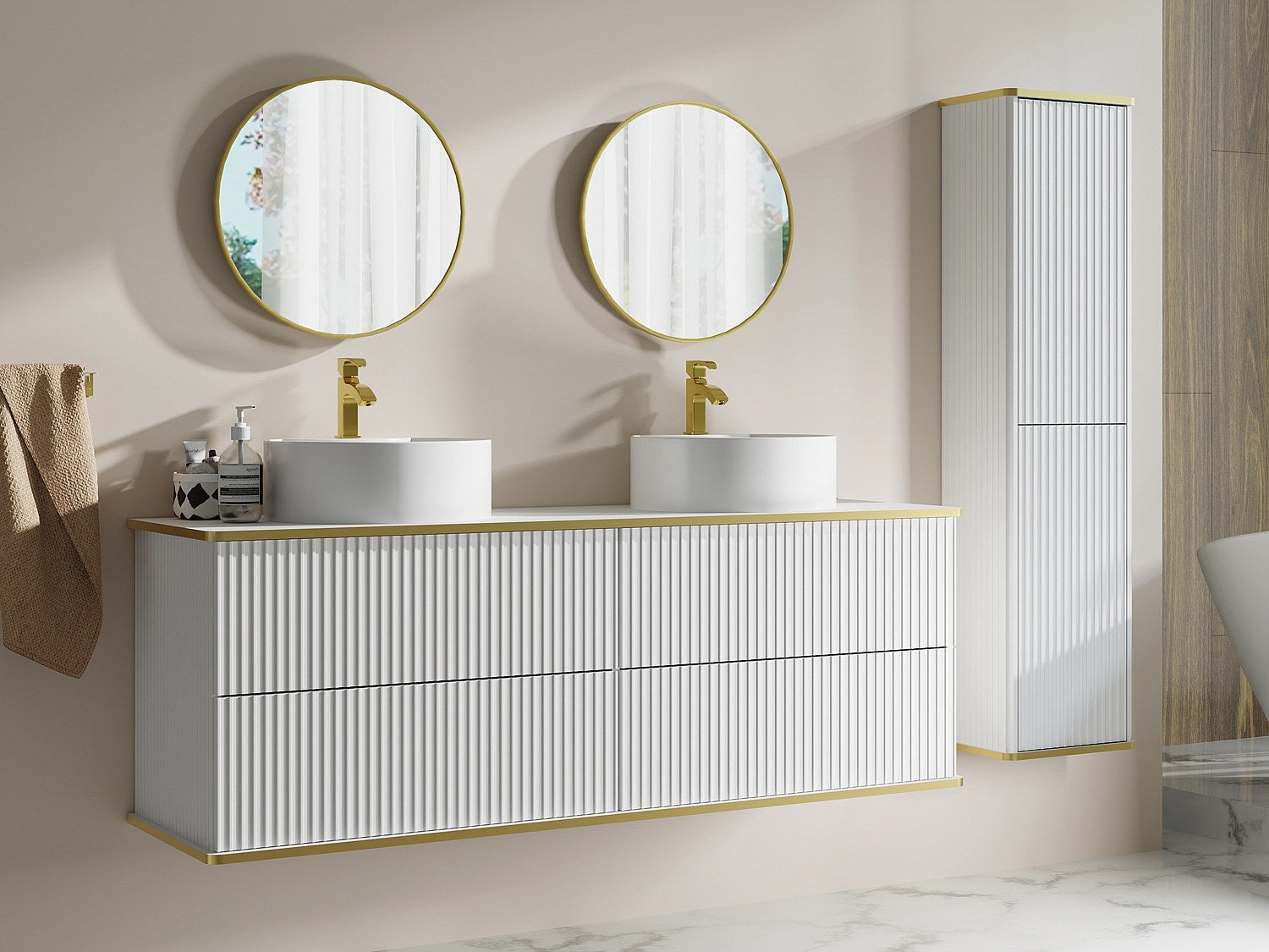 Podwieszana szafka łazienkowa prążkowana z podwójną okrągłą umywalką nablatową i słupkiem - Biała - 150 cm - KELIZA