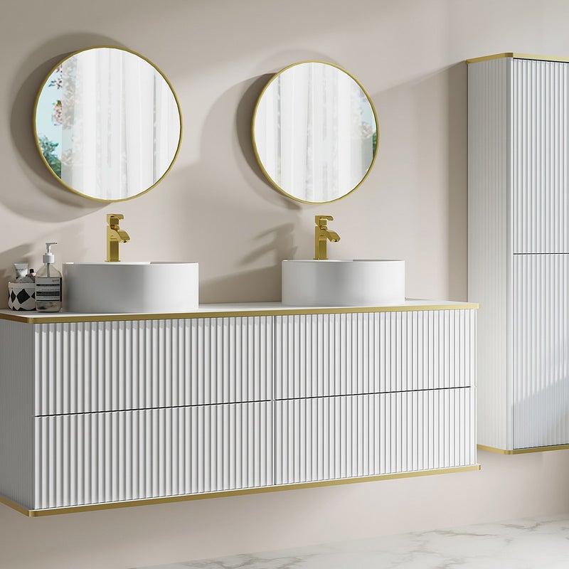 Podwieszana szafka łazienkowa prążkowana z podwójną okrągłą umywalką nablatową i słupkiem - Biała - 150 cm - KELIZA