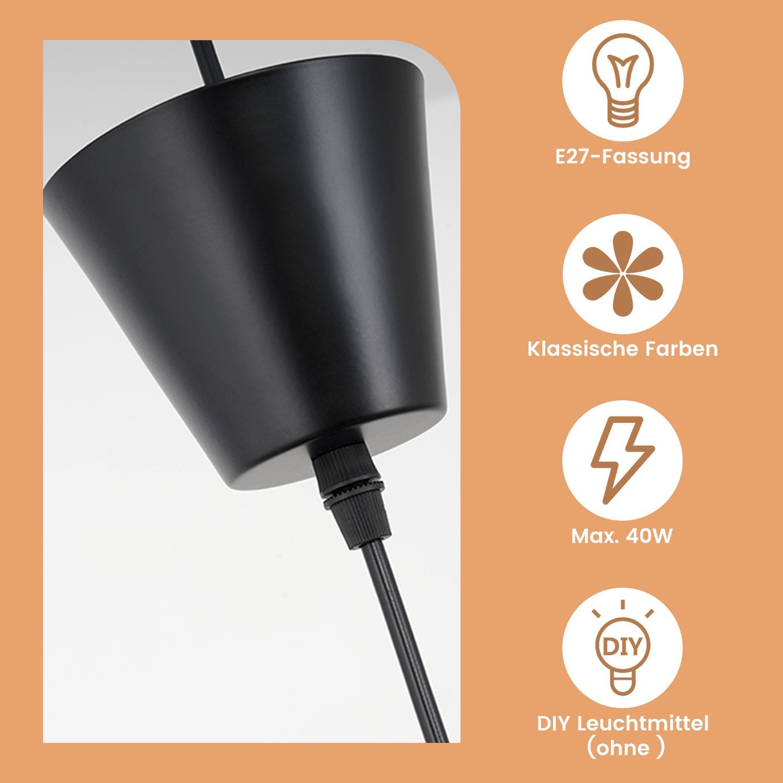 ZMH Suspension Lustre moderne noire E27 de diamètre 120 cm en polycarbonate de type chapeau puissance maximale 40 watts adaptée au salon - 5