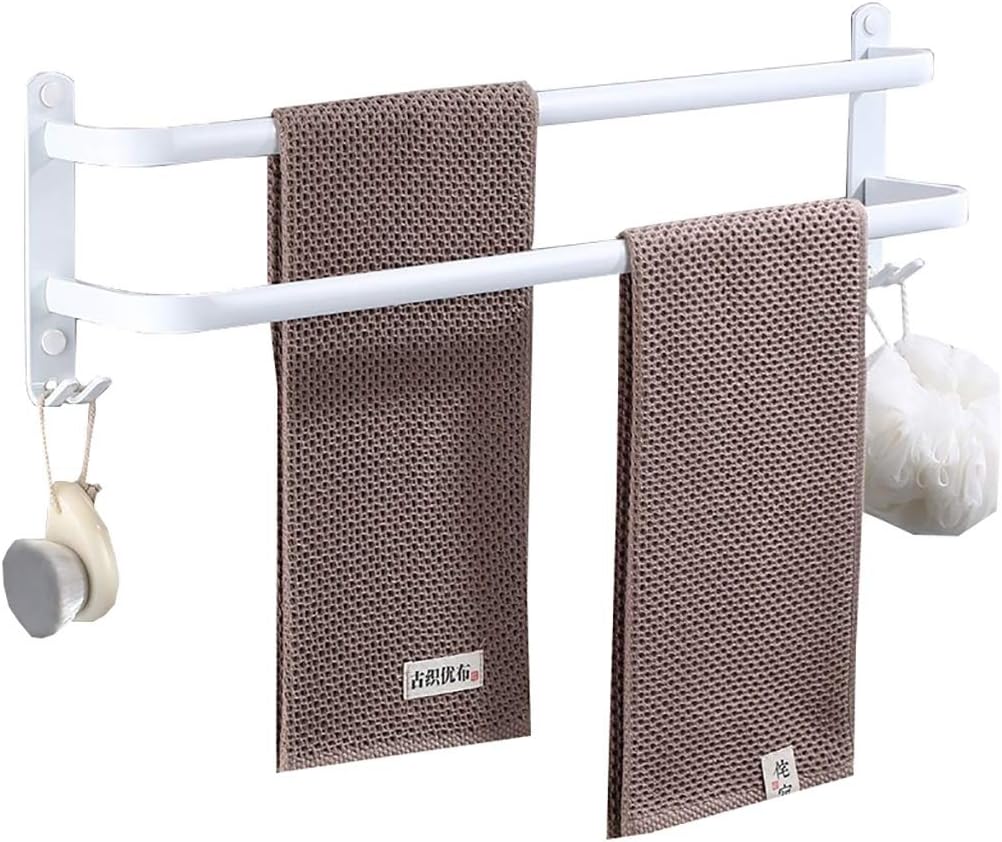Wieszak na ręczniki łazienkowe, biały, z 2 haczykami, aluminiowy wieszak na ręczniki, 2 poziomy 30 cm