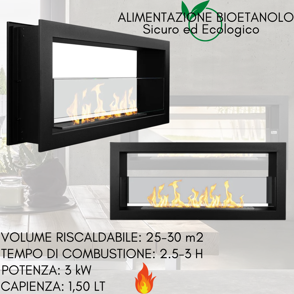 Bioetanol Lareira a bioetanol encastrável, dupla face, 1,5 litros, aquecimento 30 m2, queimador em aço, 90 cm - ZIK - 5