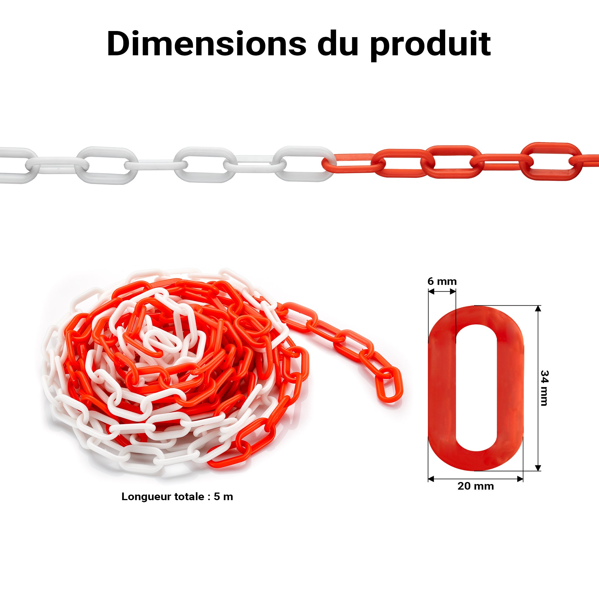 Wiltec Catena plastica bianca e rossa, catena di sbarramento lunga 5 m con Ø 6 mm, catena di sicurezza per interno ed esterno, per cantieri, parche - 3