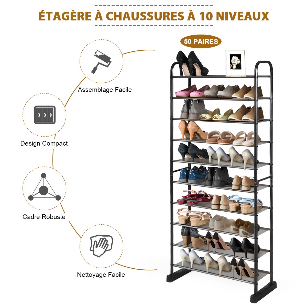 Étagère à Chaussures à 10 Niveaux, Rangement pour 50 Paires de Chaussures, Étagère Amovible - 6