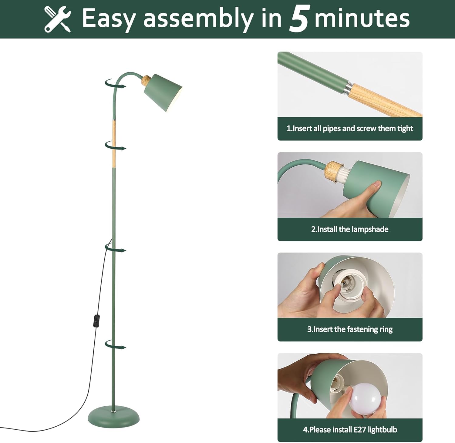 Lampadaire LED Anten, vert Abat-jour trapézoïdal Classique moderne Orientable sur 360°, hauteur 159 cm (ampoule non incluse) - 9