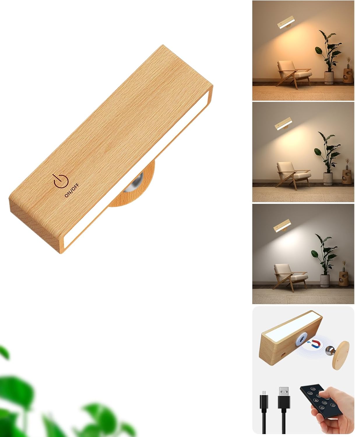Akumulatorowa lampa ścienna LED z drewna, zasilana bateriami i pilotem, bezprzewodowa, 3 temperatury barwowe, do sypialni, salonu i przy łóżku.