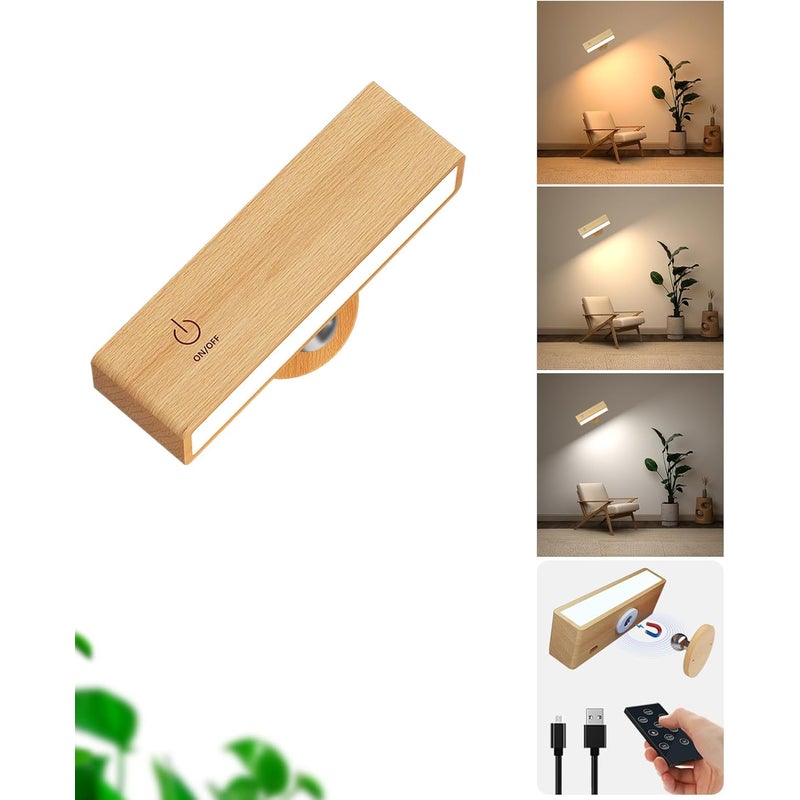 Akumulatorowa lampa ścienna LED z drewna, zasilana bateriami i pilotem, bezprzewodowa, 3 temperatury barwowe, do sypialni, salonu i przy łóżku.
