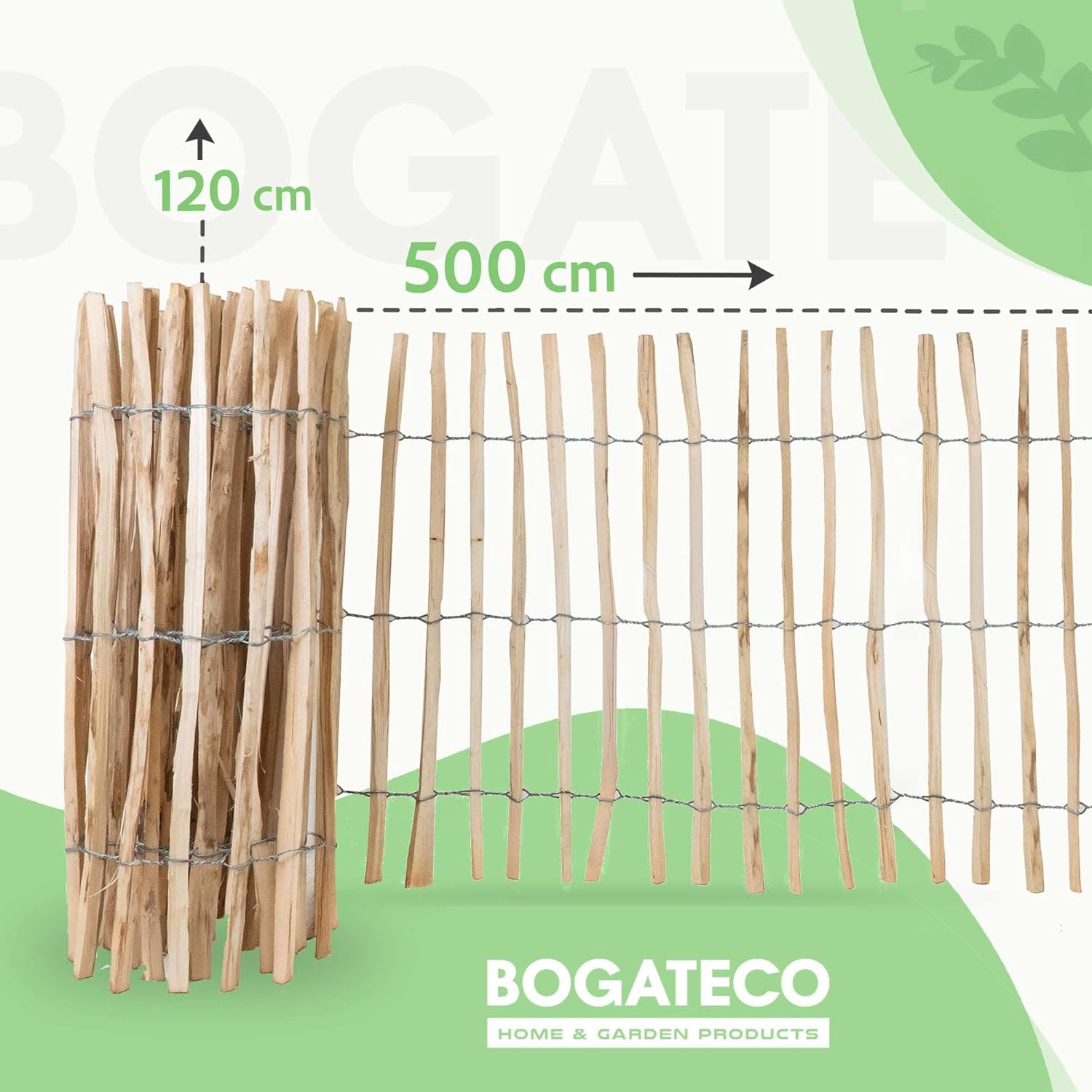 BOGATECO Clôture à piquets noisette châtaignier | Clôture en bois de 120 cm de haut et 500 cm de long | Espacement des lattes 7-8 cm | Durable - 2