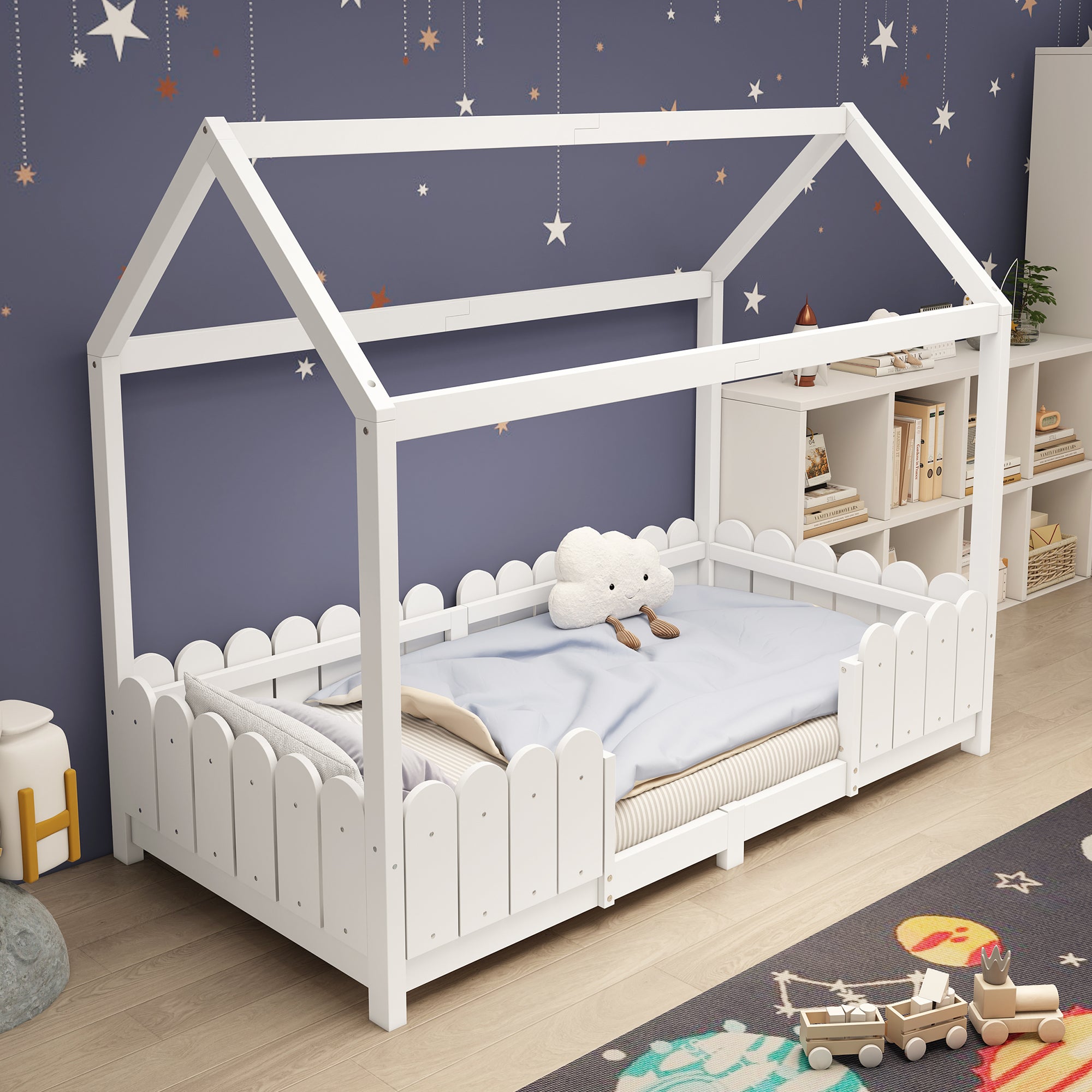 Lit dziecięcy 90x200 cm - Z bocznymi barierkami - Z poduszką - Drewno sosnowe i MDF - Bezpieczeństwo i komfort - Styl bajkowy