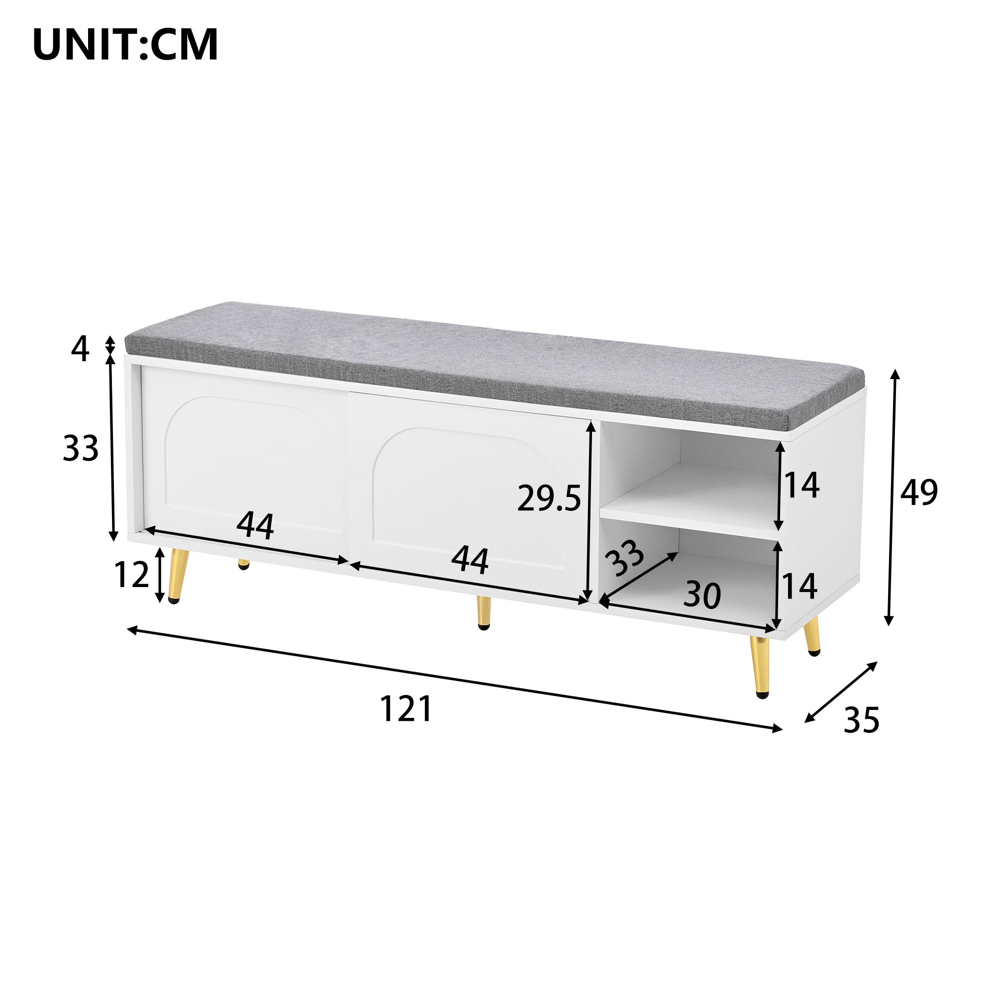 Banc à Chaussures , Banc avec Assise Rembourrée et Rangement Intégré, Meuble Multifonction pour Entrée ou Chambre, Blanc 121x35x49 cm - 4