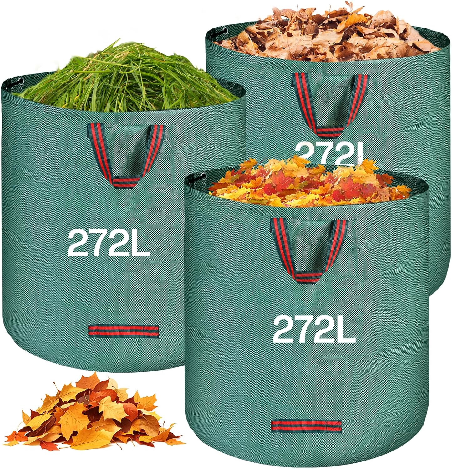 3 x 272-litrowe worki na odpady ogrodowe – worki na odpady zielone z uchwytami, składane i wielokrotnego użytku – do zbierania opadłych liści