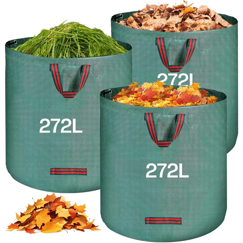 3 x 272-litrowe worki na odpady ogrodowe – worki na odpady zielone z uchwytami, składane i wielokrotnego użytku – do zbierania opadłych liści