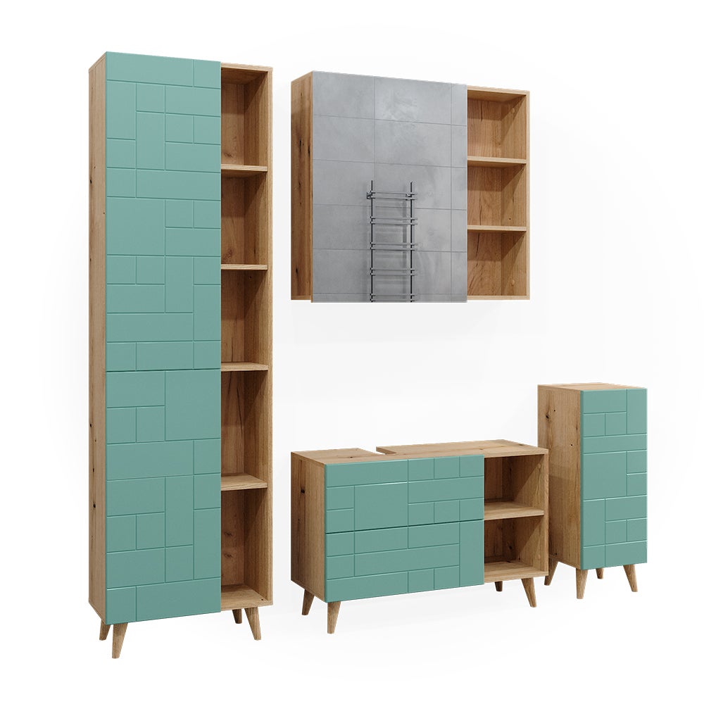 Vicco Zestaw mebli łazienkowych Rudi, Miętowa zieleń, 4 części, z wysoką szafką