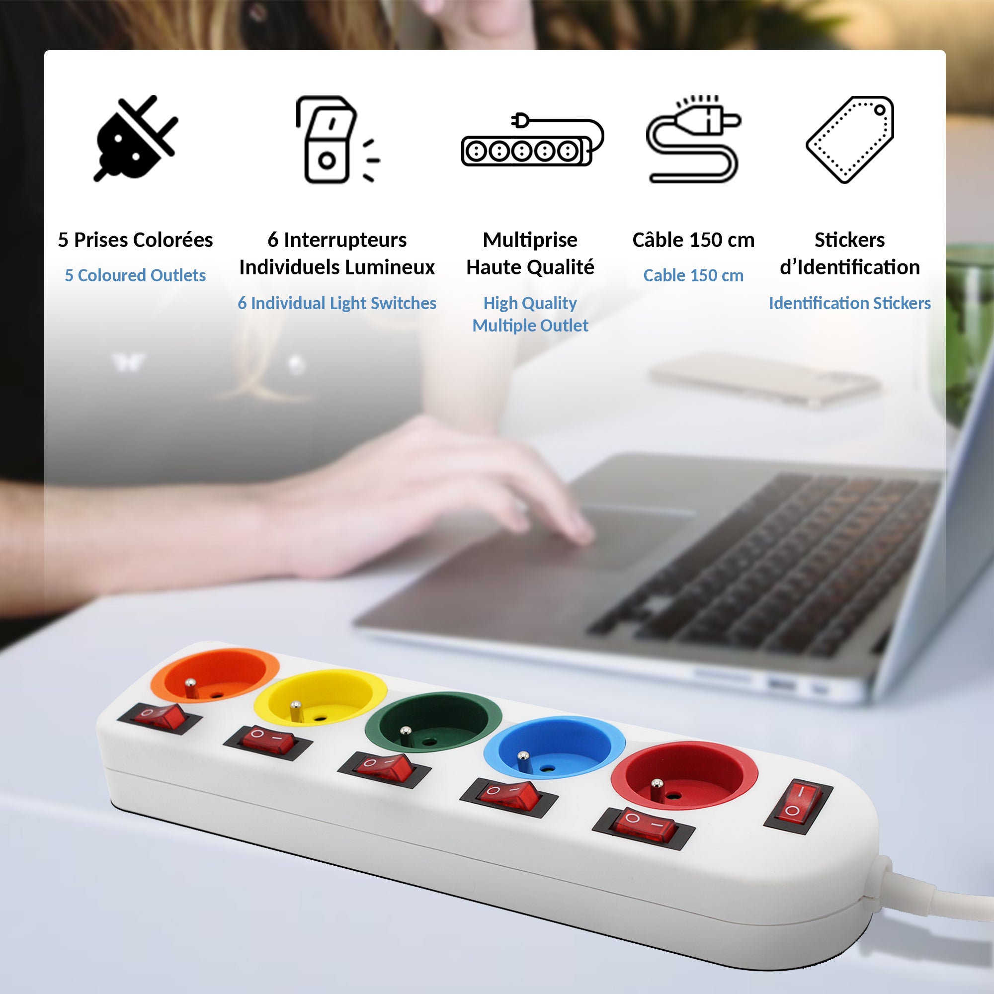 Entretien de la maison MULTIPRISE INTERRUPTEURS INDIVIDUELS Grand multicolore en plastique - 3