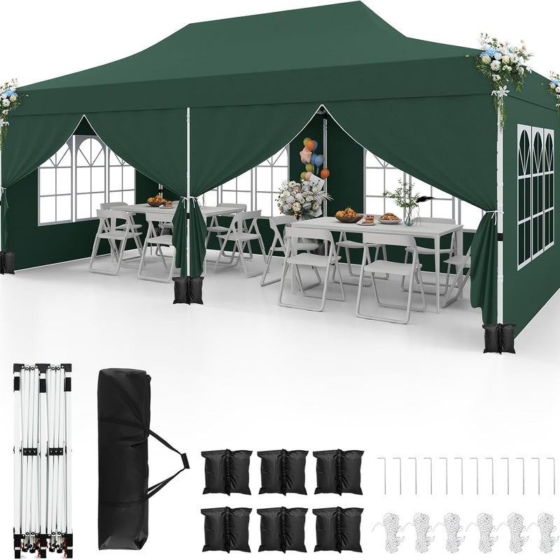 Składana Altana 3x6 m z 6 Ściankami Bocznymi, Składany, z Filtrem UV 50+, Wodoodporny, 6 Worków z Piaskiem, Torba Transportowa, Zielony