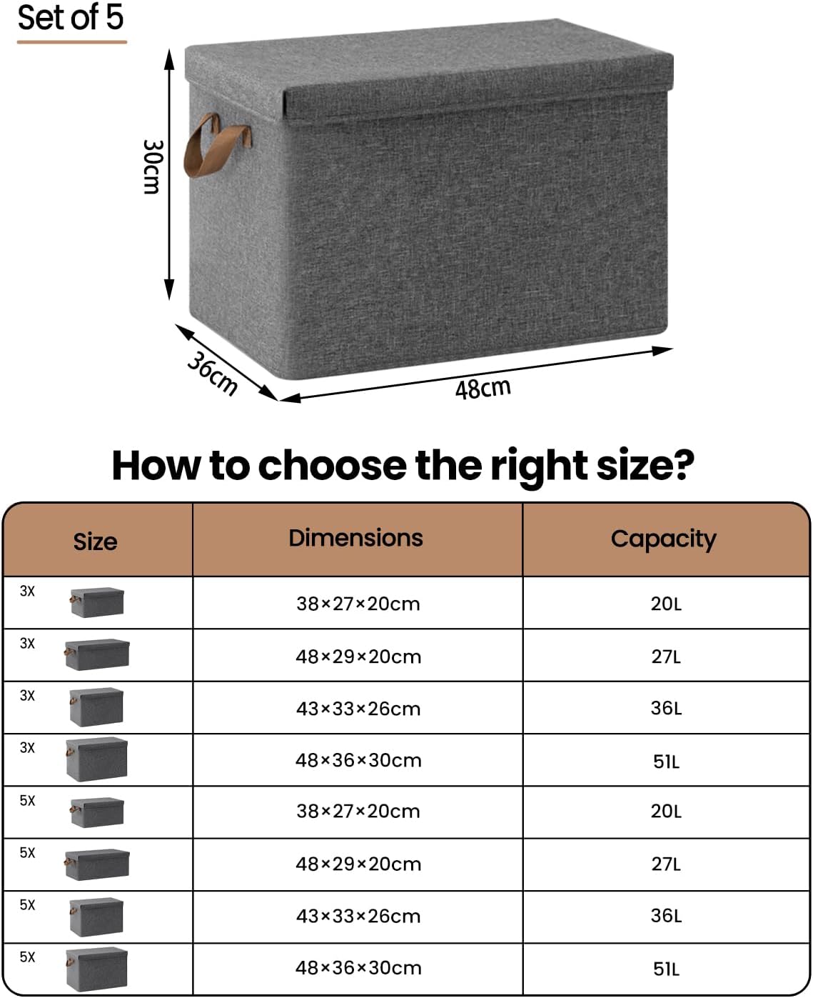 WOLTU Lot de 5 Boîte de Rangement 48x36x30cm en Tissu non Tissé，Caisse Rangement Pliable，Coffre de Rangement avec Poignée，Couvercle Amovible，Gris - 4