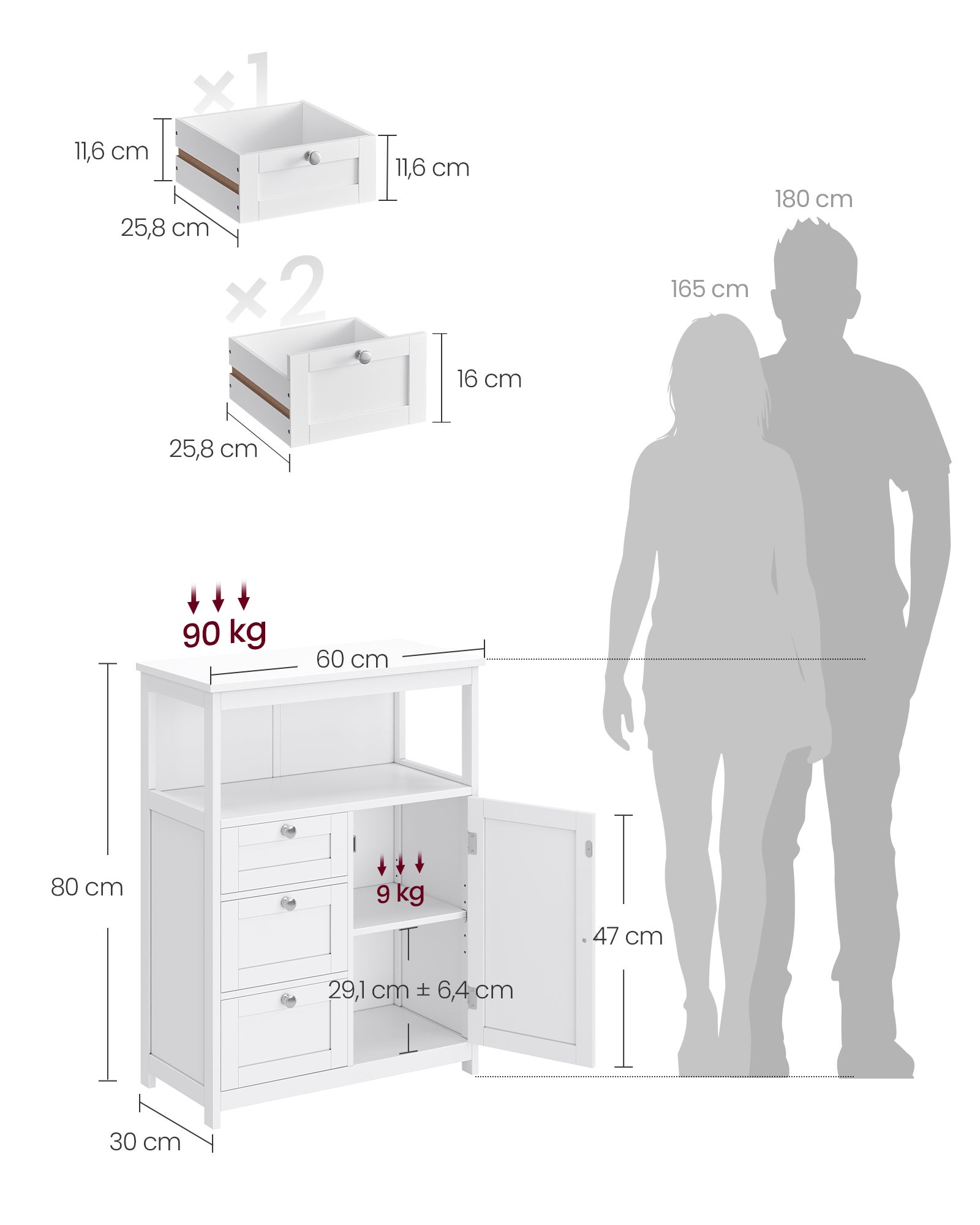 VASAGLE Meuble de Salle de Bain, avec 3 Tiroirs, Étagères Réglables, 60 x 30 x 80 cm, Blanc - 5