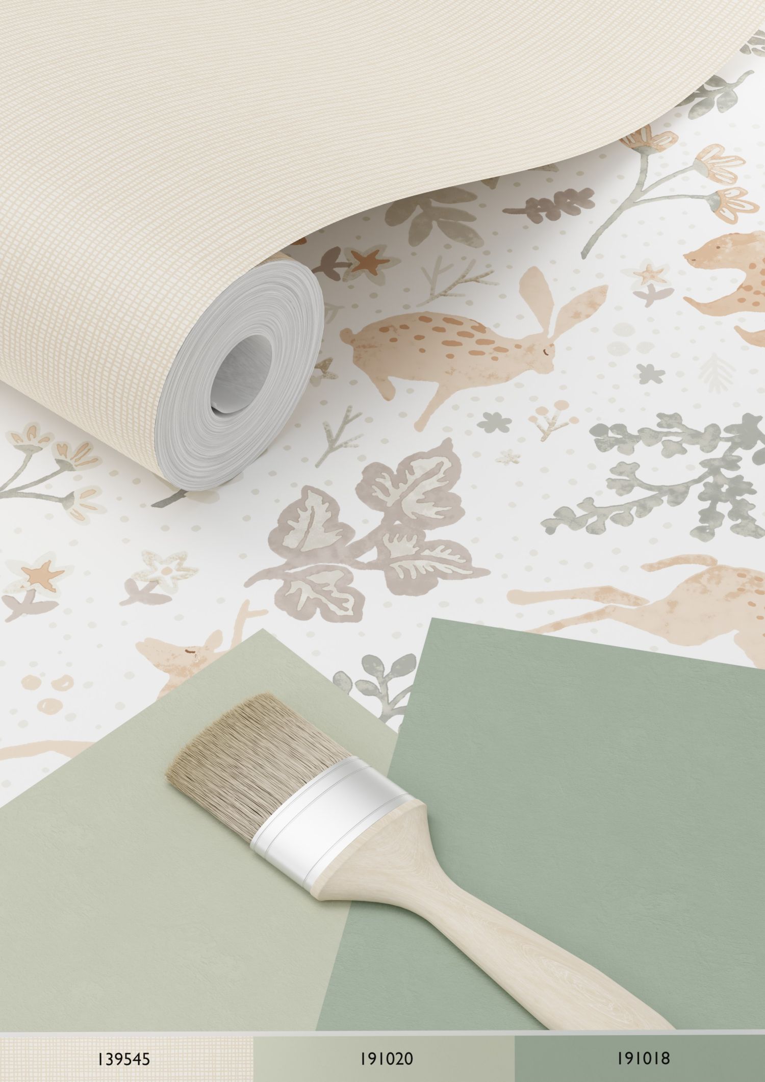 Papier peint forêt avec des animaux de la forêt vert grisé, beige et blanc - 53 cm x 10.05 m - ESTAhome - 7