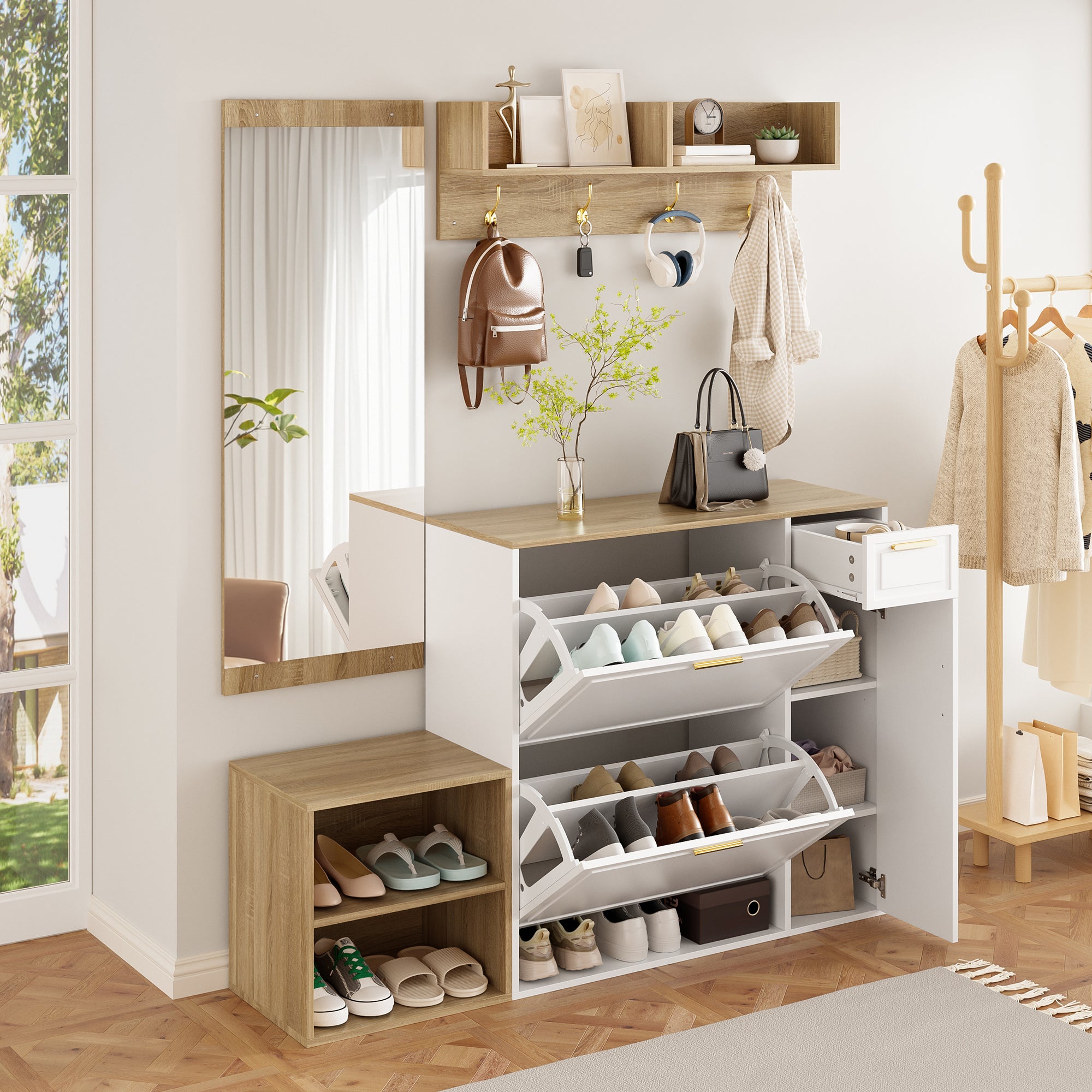 Zestaw szafek na buty z ławką, wieszakiem na ubrania i lustrem - 3 drzwi i 1 szuflada - 139,5x35x166 cm - Płyta wiórowa - Biały i naturalny