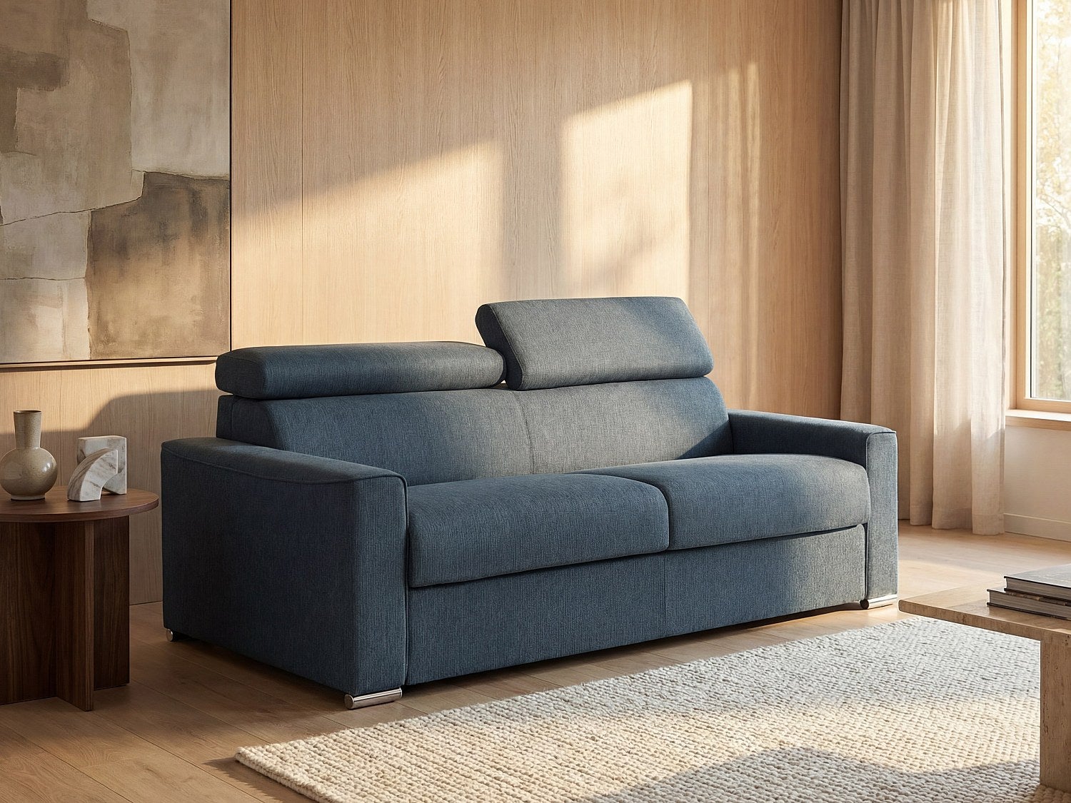 Kanapa rozkładana 4-osobowa VIZIR typu express z tkaniny – kolor niebieski – miejsce do spania z szerokimi listewkami, 160 cm – materac 18 cm