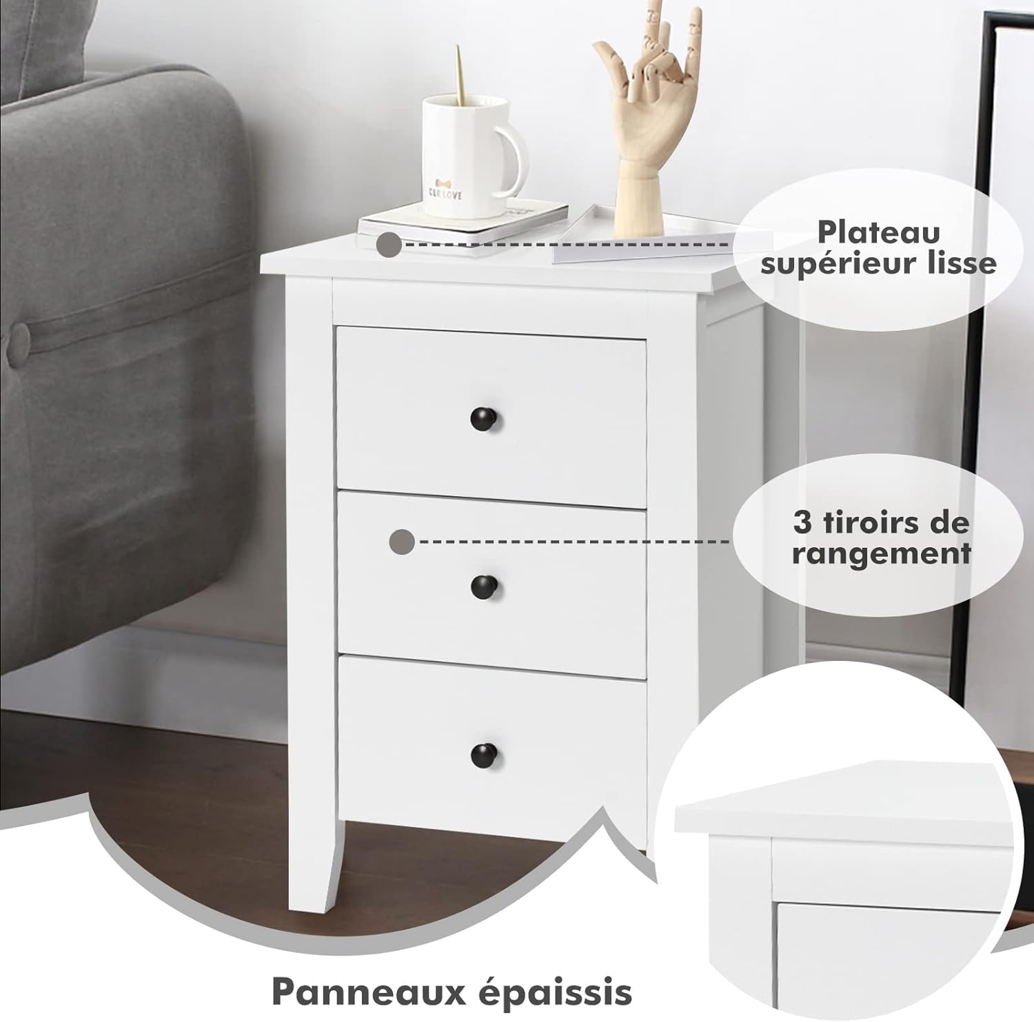 Juego de 2 Mesitas de Noche de Madera, Mesa de Noche con 3 Cajones de Almacenamiento Espaciosos, Mueble de Almacenamiento Moderno para Dormitorio - 7