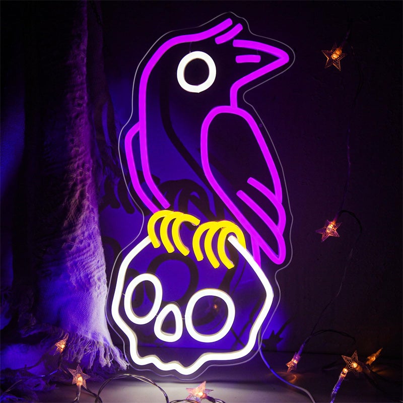 Neon z czaszką wrony, ściemnialne neony na Halloween i horror, dekoracja ścienna z głową szkieletu, lampa LED z czaszką do baru piwnego