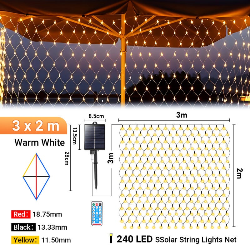 3x2M Filet Lumineux Solaire Blanc chaud Chaîne lumineuse avec 8 modes Rideau lumineux de Noël intérieur extérieur - 2