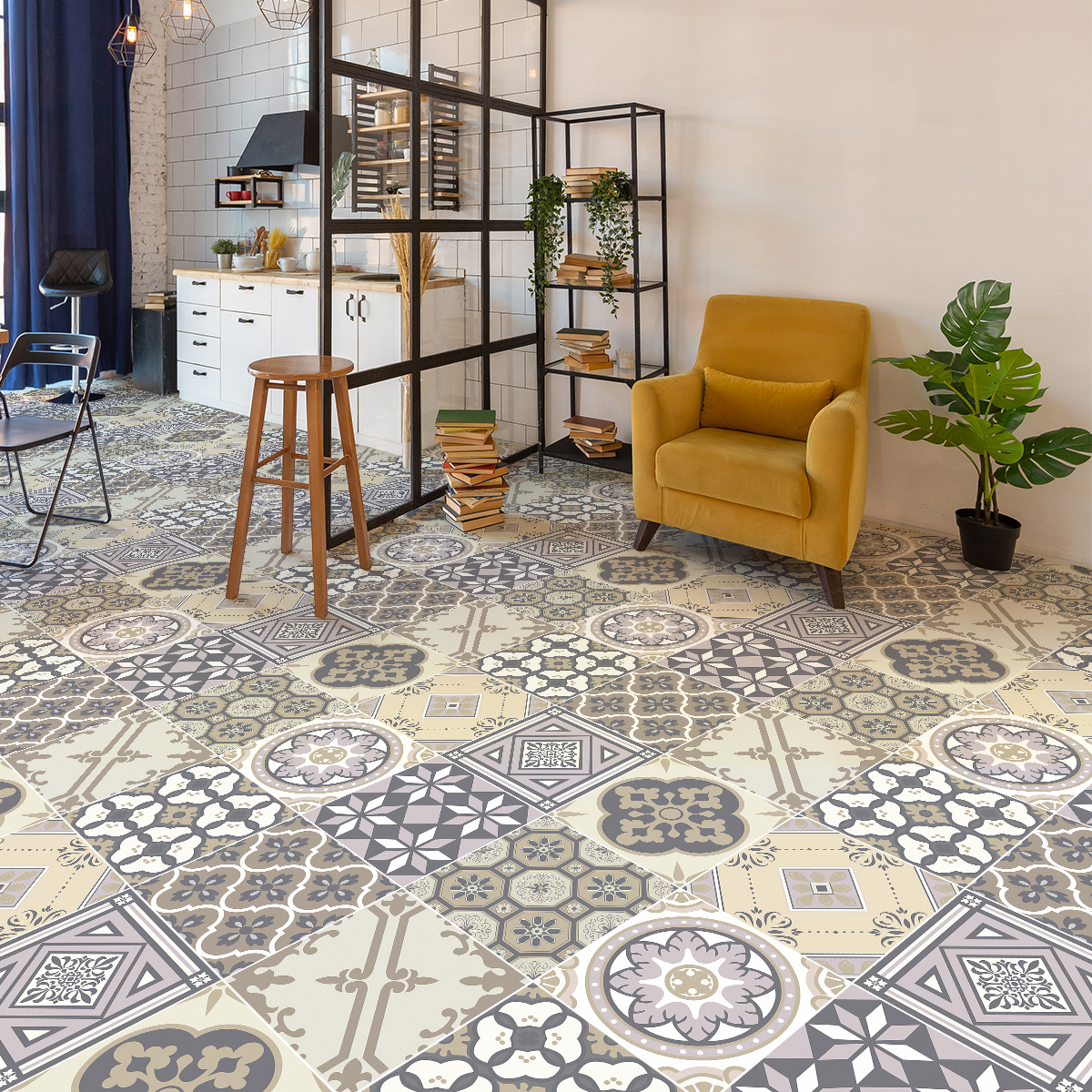 9 vinilos baldosas de cemento suelo antideslizante mariano - adhesivo pared - sticker revestimiento - 1 adhesivo 120x120cm-9stickers40x40cm