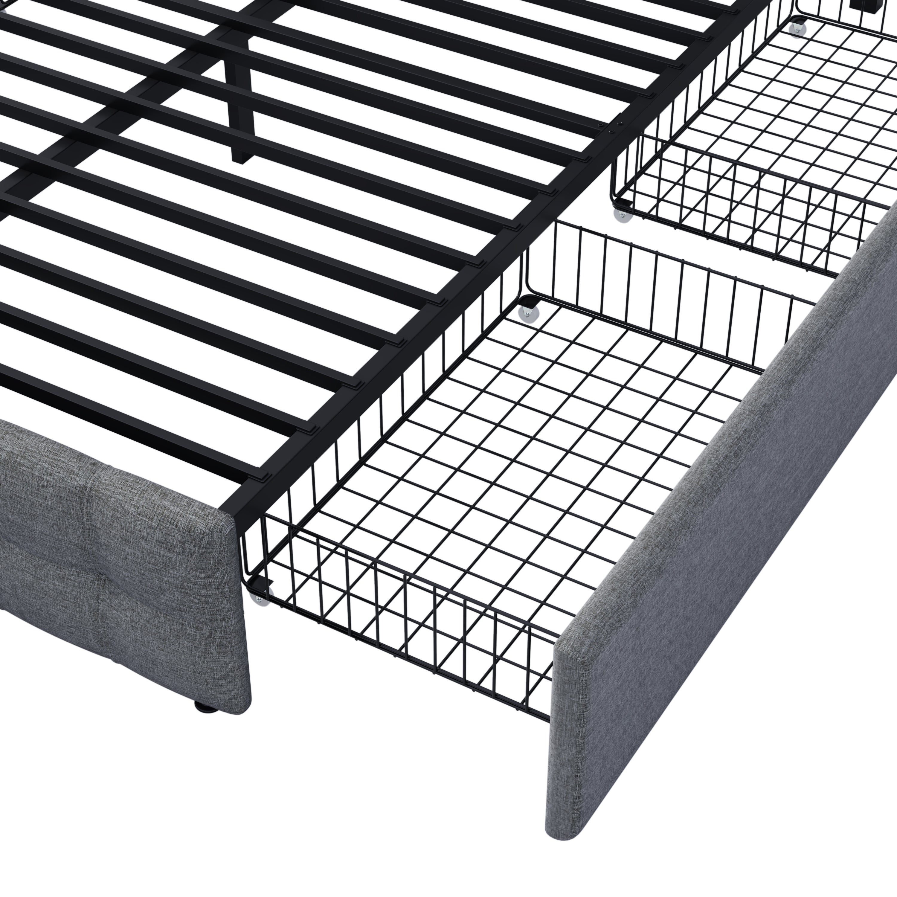 Cama estofada em linho com 4 gavetas - cabeceira ajustável + base metálica - 140x200cm - Cinza - 8