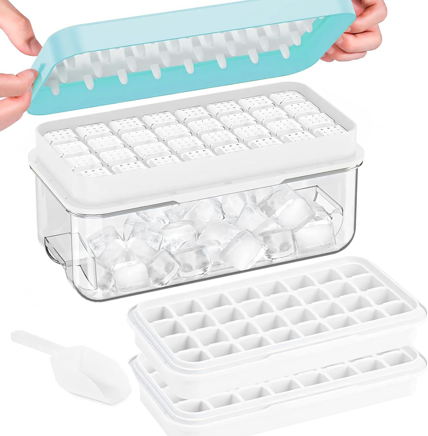 Bacs à Glaçons Avec Couvercle - Moule à Glaçons 64 Grilles Sans BPA - Glaçons Carrés Faciles à Retirer En 1 Seconde (Bleue, 2 Niveaux)