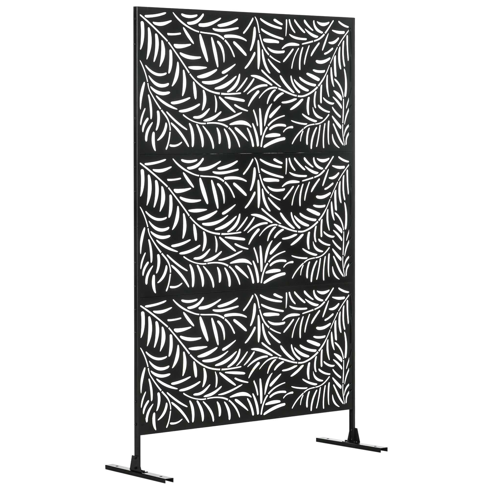 Panel divisor jardín terraza acero negro , mampara privacidad, 122x198 cm, protector exterior decorativo con diseño hojas, resistente y portátil