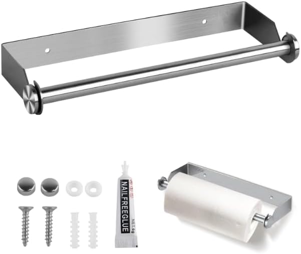 Uchwyt na ręczniki papierowe ze stali nierdzewnej montowany na ścianie, z montażem samoprzylepnym – uchwyt bez wiercenia, idealny do kuchni i łazienek