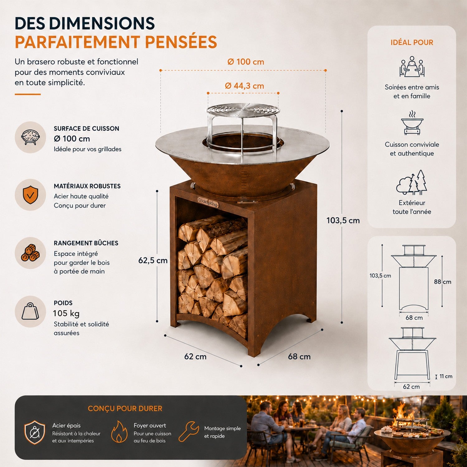 FIESTA Brasero acier Corten grille inox amovible barbecue/plancha Ø 100 cm - 4