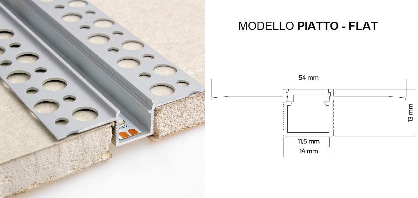 2 Mètres - Profilé Plat pour Ruban Led - Profil Aluminium pour Assemblage de Panneaux Placoplatre Plaque de plâtre - Barre Rail + Coque - 7