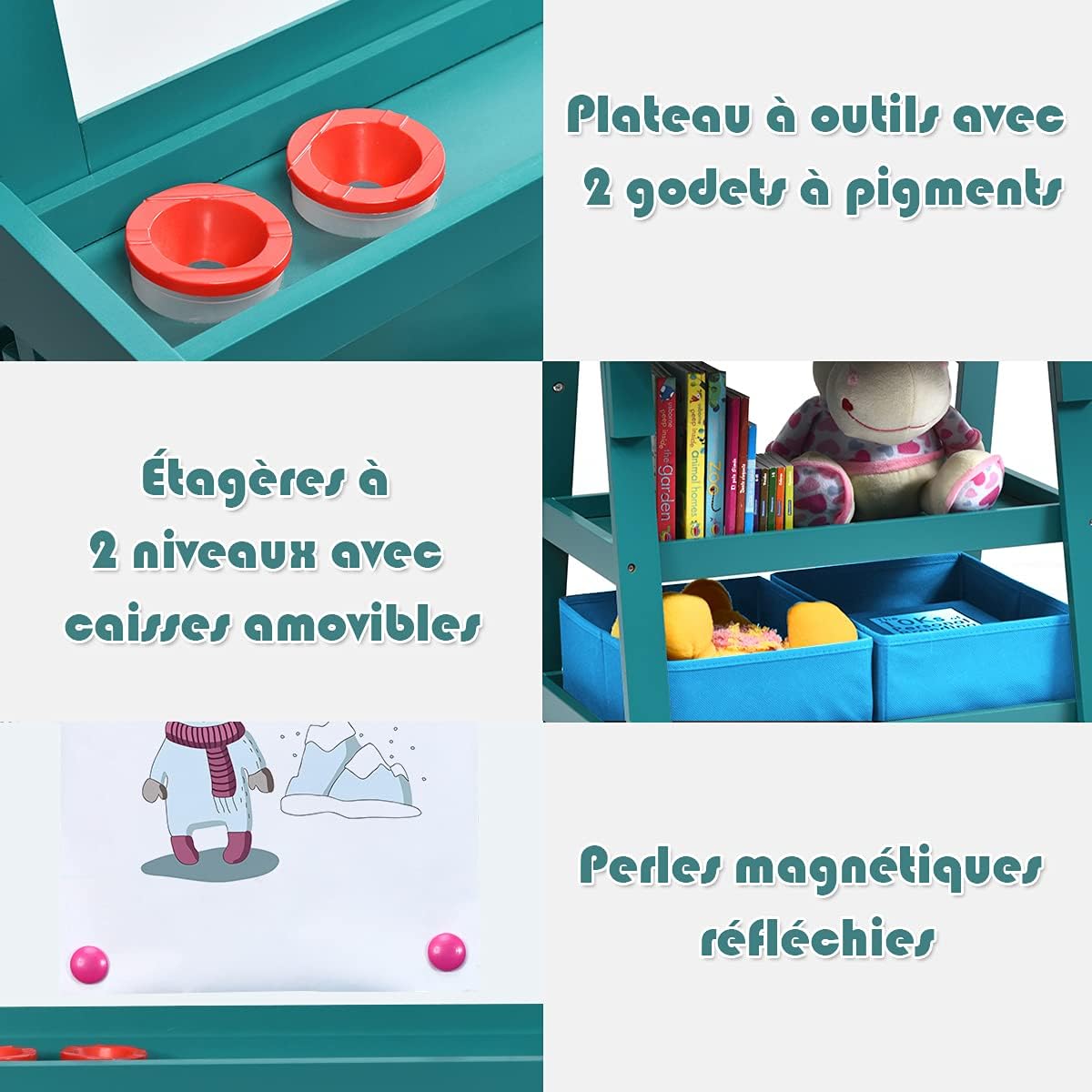 Chevalet pour Enfants 3 en 1 Tableau de Dessin Magnétique Double Faces (Tableau Blanc + Tableau Noir) avec Rouleau de Papier, 2 Etagères, Bleu - 2