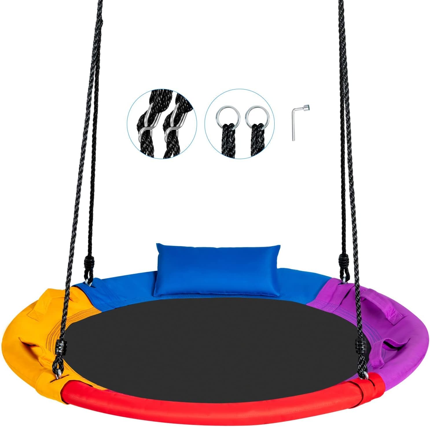 Balancoire Nid d’Oiseau Rond, Balancoire de Jardin en Tissu Oxford et PP, Ø100CM,Charge Maximale 150KG, pour Enfant/Adulte(Multicolore(avec Coussin)) - 8