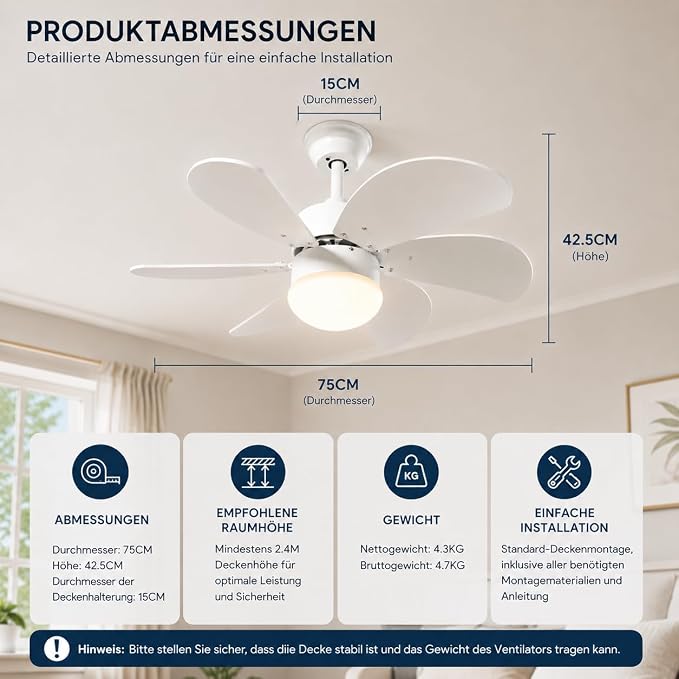 NETTLIFE Ventilateur de plafond blanc avec éclairage, télécommande, silencieux, avec minuterie, 6 pales, pour chambre à coucher - 6