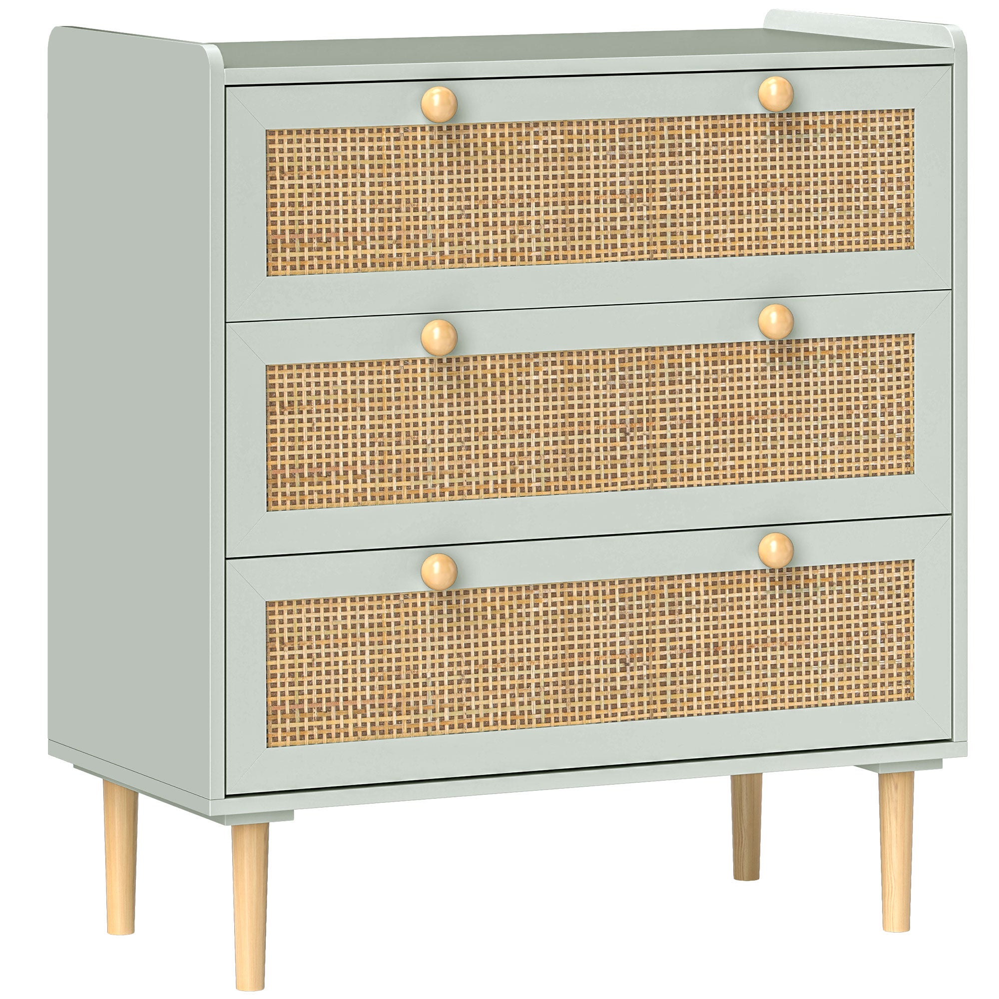 Cómoda/aparador con 3 cajones, estilo bohemio, aspecto de ratán, cómoda para salón o dormitorio, azul claro, 80 x 40 x 87,5 cm.