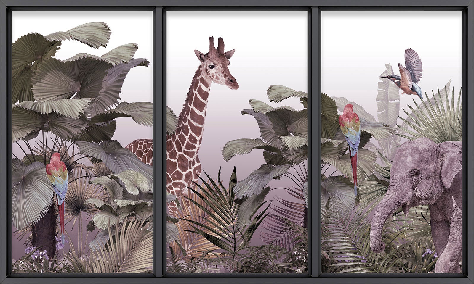 Papier peint panoramique Trompe l'oeil baie vitrée - Animaux de la jungle - Largeur 325 cm x Hauteur 195 cm - 2