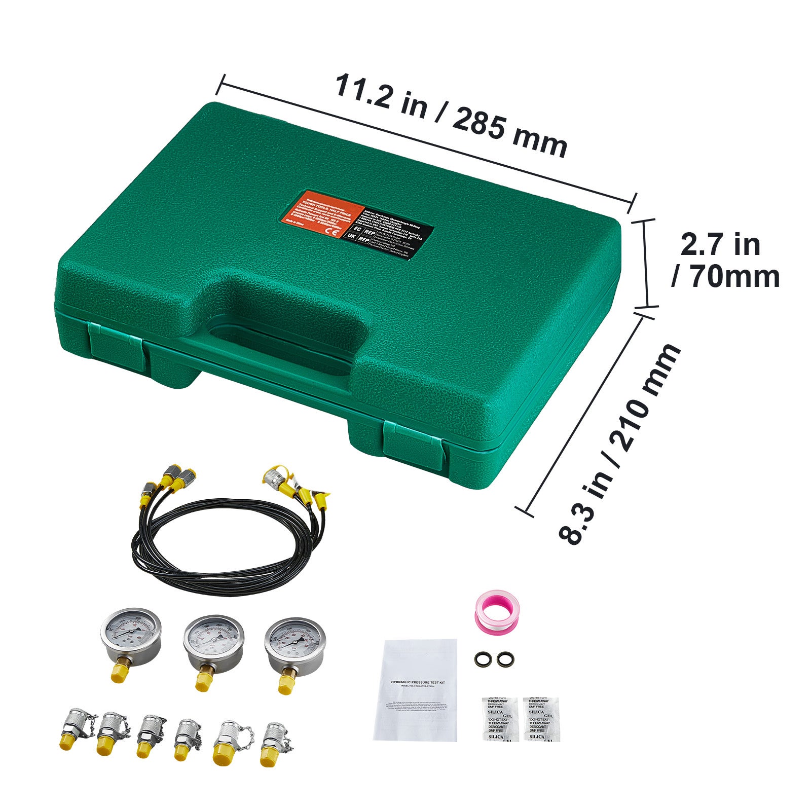 Kit de test de pression hydraulique,SucceBuy 250/400/600 bar,3 manomètres,6 raccords,3 tuyaux,kit pour excavatrice,mallette portable - 2