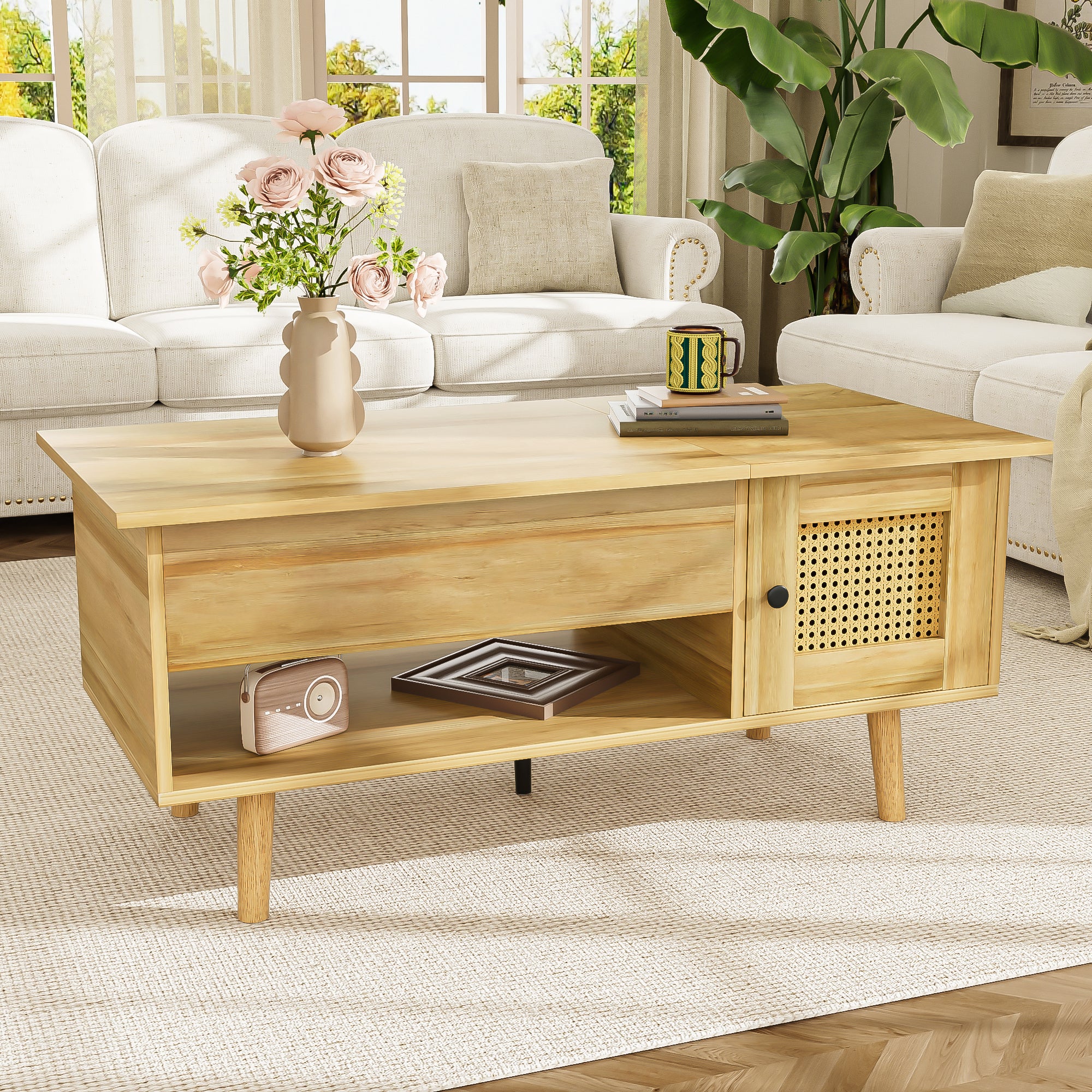 Table basse 103x50x46 cm - avec plateau relevable - avec 2 portes en rotin - naturel - 4