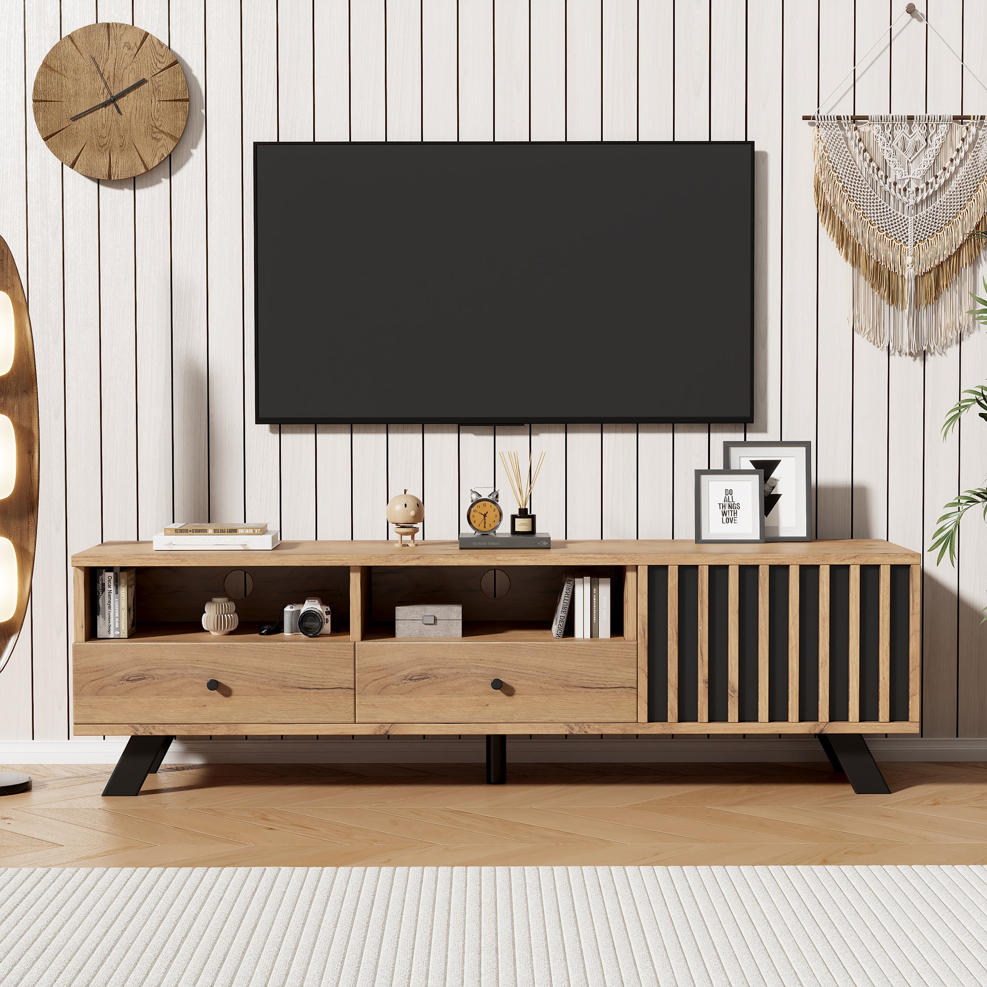 Meuble TV avec 2 tiroirs, 2 compartiments et 1 porte - 150 x 38 x 44 cm - Panneau de particules - Bois naturel - 3
